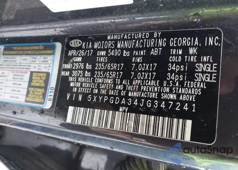 2018 Kia Sorento 2.4L Lx from USA, damaged, VIN 5XYPGDA34JG347241